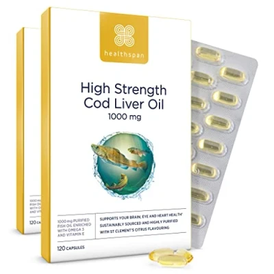 Image of Healthspan Cod Liver Oil 1,000mg Rich in Omega 3 Fatty Acids DHA &amp; EPA Brain, Eyes Heart Health Vitamin A D3 Vision, Bones, Teeth Immune Sustainably Sourced (240 Capsules)