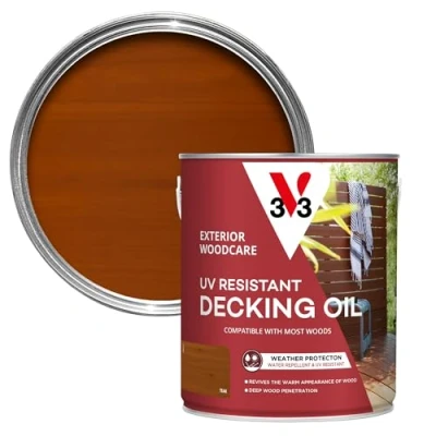 Image of V33 UV Resistant Decking Oil Teak 2.5L Water repellent Enhanced filters Protects &amp; revives Reduces discolouration fading