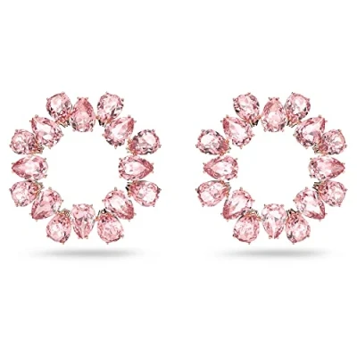 Image of Swarovski Hoop Drop Earrings, Pink Pear Cut Crystal Earrings in a Rose Gold Tone Plated Setting, from the Millenia Collection
