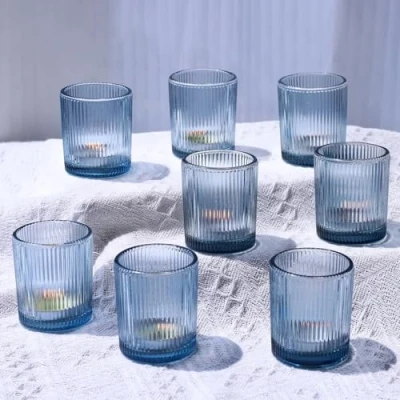Image of Vohocandle 12pcs Blue Tea Light Holders Glass, Ribbed Glass Tealight for Birthday Party Table Centerpiece, Candle Thanksgiving Christmas Decor