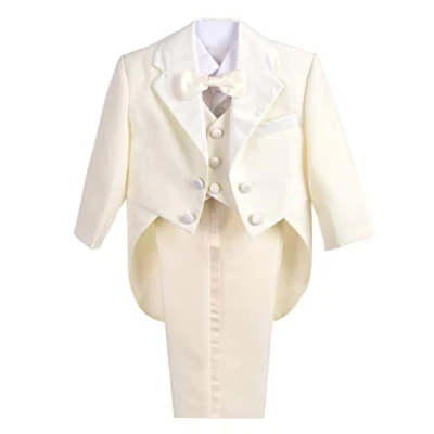 Image of Lito Angels Baby Boy Tuxedo Formal Suits Wedding Page Christening Baptism Outfit, 5 Pieces Set (Blazer, Shirt, Waistcoat, Trousers, Bow Tie) Age 12 Months, Ivory