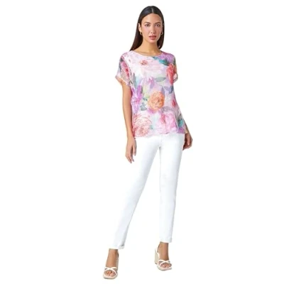 Image of Roman Originals Mesh Overlay Floral Print Blouse for Women UK Ladies Smart Top Casual T Shirt Summer Spring Flower Printed Layer Stretch Jersey Comfy Tee Pink Multi Size 12