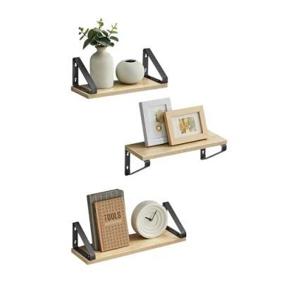Image of VASAGLE Wall Shelves, Set of 3, 2 Mounting Modes, Decorative Shelves for Living Room Kitchen Study Bathroom, Oak and Black LWS033B11