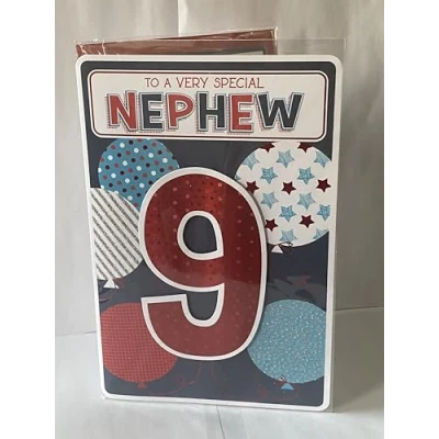 Image of To A Very Special Nephew 9 Birthday Card Age 9th Nine Blue/Red/White Balloons 3D/Glitter/Foil Detail(PRELUDE44371)