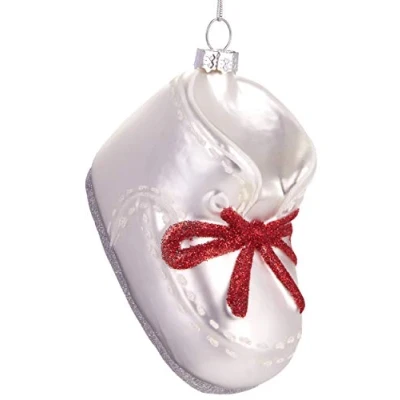 Image of BRUBAKER Baby Slipper with Red Bow Handpainted Glass Christmas Bauble Mouthblown Tree Decoration Figures Funny Pendant Ball about 3.5 inches (9 cm)