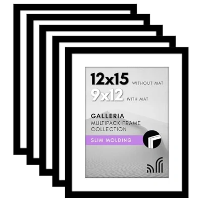 Image of Americanflat 12x15 Picture Frame with Polished Plexiglass Set of 5 Use as 9x12 Mat or Without Galleria Collection Gallery Wall for Display Black