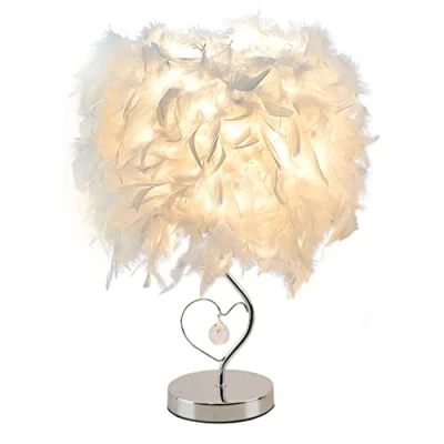 Image of GUANSHAN Feather Bedside Lamp Lampshade Modern Table Light Desk with Crystal in Heart &amp; Mental Base for Living Room, Bedroom, Bar, Restaurant, Hotel, S