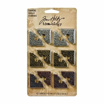 Image of Tim Holtz Idea Ology Ornate Corners 1 inch 1, Pack of 2 Antique Nickel, Brass and Copper