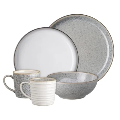 Image of Denby Studio Grey 16 Piece Tableware Set Dishwasher &amp; Microwave Safe Crockery Soft Textured Glaze Ceramic Stoneware Chip Crack Resistant Dinner Plates, Medium Cereal Bowls Mugs