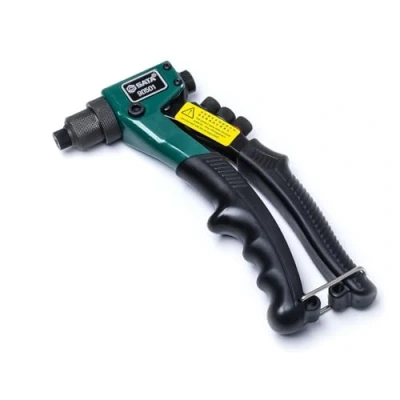 Image of SATA ST90501SC 8 Inch Riveter Gun, with a Heavy Duty Steel Body and Spring Loaded Rubber Handle That Ejects Rivet Stems Automatically