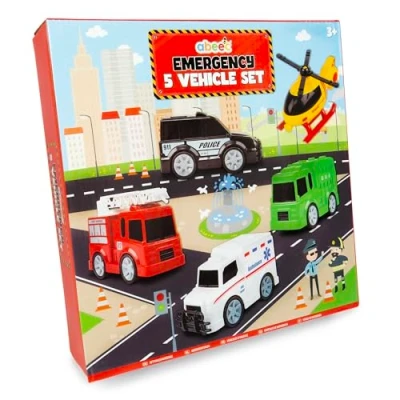 Image of abeec Emergency Vehicles Toys Set x 5 Ambulance Toy, Fire Engine, Police Car, Toy Helicopter, And Bin Lorry Ideal Birthday Present for Kids Services