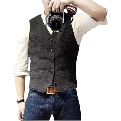 Image of Solovedress Mens Vintage Waistcoat Tweed Wool Regular Fit Suit Vest for Wedding Groomsmen(Black,XL)