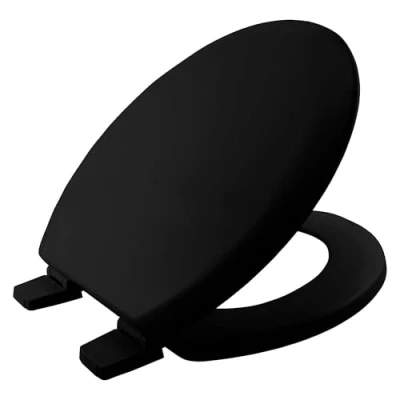 Image of BEMIS Chicago Black Toilet Seat. Wooden Seat with Water Based Paint for Easy Clean. Oval Adjustable Plastic Hinges, Universal &amp; Installation,