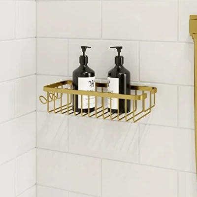 Image of Gold Architeckt Shower Caddy Basket Hooks Wall Mounted Easy Drain Bathroom