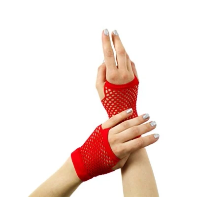 Image of Yummy Bee Fingerless Gloves Women Fishnet Black Red Rainbow Long Short (Red, Short)