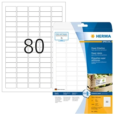 Image of HERMA Extra Strong Adhesive Labels, 80 Labels per A4 Sheet, 25 Sheets, 35.6 x 16.9 mm, 2000 Blank Heavy Duty Stickers, Sticky for Laser &amp; Inkjet Printer, White