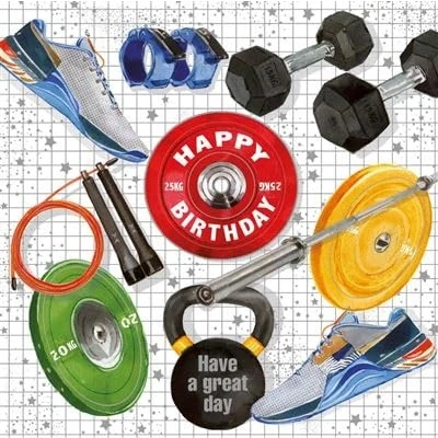 Image of Nigel Quiney Male Birthday Card General for Men Gym Weights and Trainers with Embossed Foil Finish Eco Friendly Recyclable