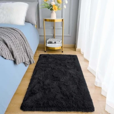Image of Aspire Homeware Rugs Living Room 60x110 cm Black Fluffy Area for Bedroom Large Modern Shaggy Runner Rug Soft Non Slip Thick Pile