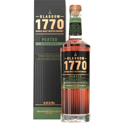 Image of Glasgow 1770 Peated Single Malt Scotch Whisky 70cl 46% ABV Rich &amp; Smoky Sweet Smoke, Toffee Dark Fruit Matured in Virgin Oak PX Sherry Cask Finish Natural Colour Non Chill Filtered