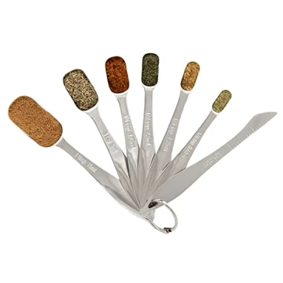 Image of Chef Pomodoro Measuring Spoons 7 Piece Set, Stainless Steel Metal Spoons, Metric and US Laser Markings, Cooking Baking, Dry or Liquid, Fits in Spice Jars