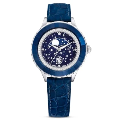 Image of Swarovski Octea Moon Watch, Swiss Made, Moon, Leather Strap, Blue, Blue Finish