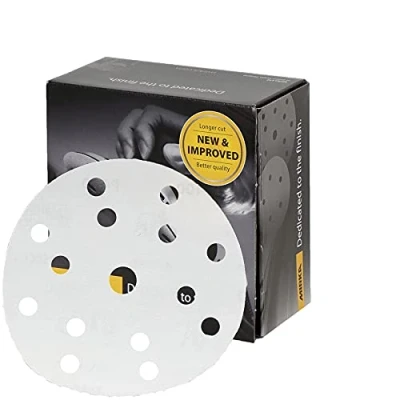 Image of Mirka Basecut White Hook and Loop It 150mm 6 Inch Sanding Discs Box 100 Abrasive P400 Grit Automotive Refinishing Sandpaper 15 Hole Vacuum Dust Extraction System
