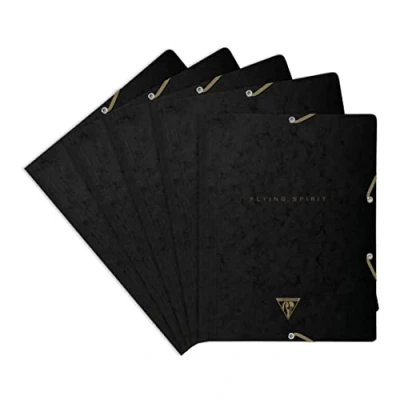 Image of Clairefontaine 102514C A pack of 5 folders with elastic 3 flaps Flying Spirit 24x32cm, black glossy card cover, ass pattern