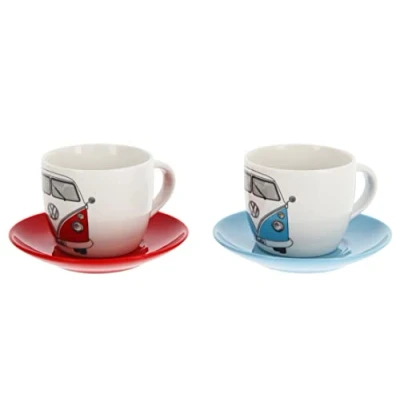 Image of BRISA VW Collection Volkswagen New Bone Espresso Cups Coffee Tea Cappuccino Set in T1 Bus Campervan Design (Bus Front/2 Colors/2 Piece Set/100ml/3.4 fl oz)