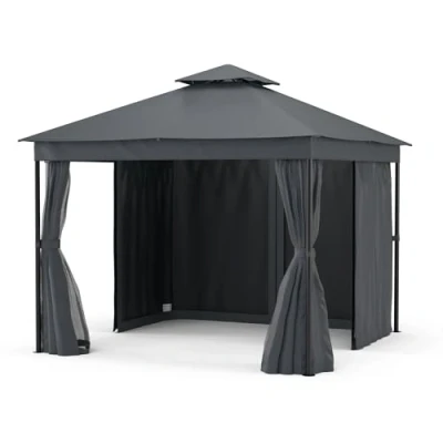 Image of blumfeldt Mondo Dual 3x3 Gazebo Double Roof, Mosquito Nets &amp; Curtains, Rust Resistant Metal Frame, Outdoor Garden Pavilion, Dark Grey