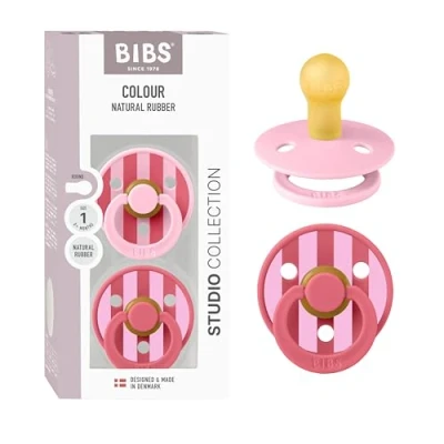 Image of BIBS Pacifiers Colour Studio 2 Pack Round Nipple Baby Pacifier BPA Free Natural Rubber Latex Soother Made in Denmark Size 0+ Months Block Pink Coral