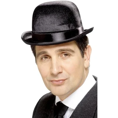 Image of Smiffys Tales of Old England Derby Bowler Hat, Black Indestructible, Satin Finish, Historical Fancy Dress, Dress Up Hats
