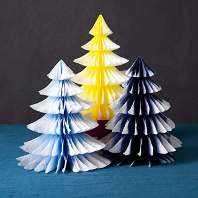 Image of Talking Tables Premium Reusable Christmas Table Decorations 3 Pack Paper Honeycombs, Mini Xmas Trees for Tabletop, Windowsill Display Winter Wonderland, Frosted, Blue/Yellow, Large