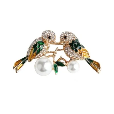 Image of LISADORE Double Magpie Lapel Pin Rhinestone Pearl Birds Brooch Animal Cute Crystal Badge Branch Clothing Accessories