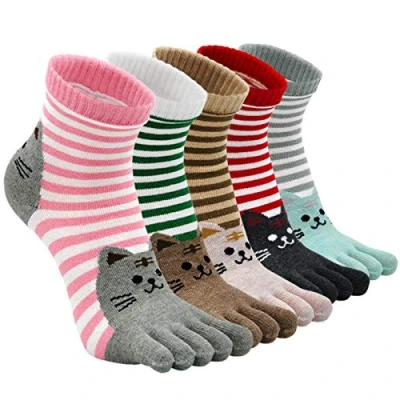 Image of Womens Toe Socks Ladies Five Finger Cotton Sport Socks, Funny Cat Animal Funky Cute Novelty with Toe, Christmas