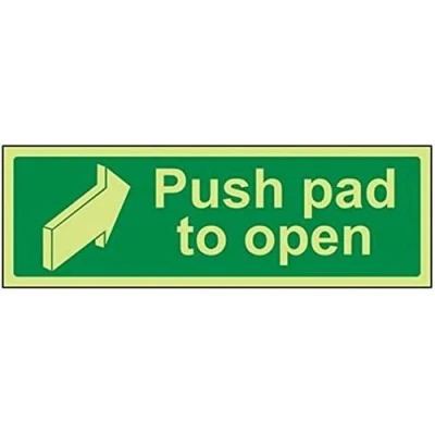 Image of V Safety Glow In The Dark Push Pad To Open Door Sign 450mm x 150mm Rigid Plastic