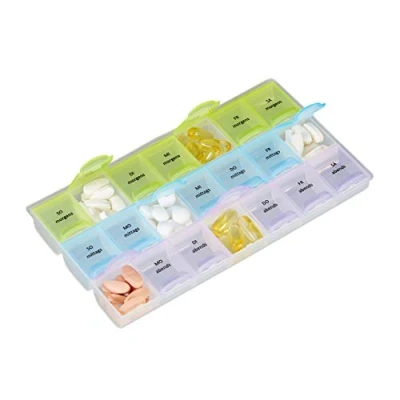 Image of Relaxdays 7 Day Pill Box, 3 Compartments, Morning, Noon, Evening, Lidded Weekly Organiser, Transparent, 2,5 x 21,5 12 cm