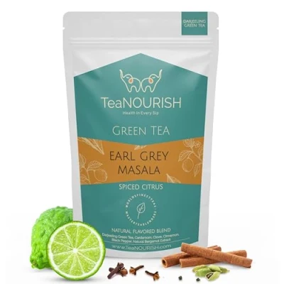 Image of TeaNOURISH Earl Grey Masala Green Tea Spiced Citrus Darjeeling Loose Blended with Indian Aromatic Spices enriched Bergamot extract 3.53oz/100g