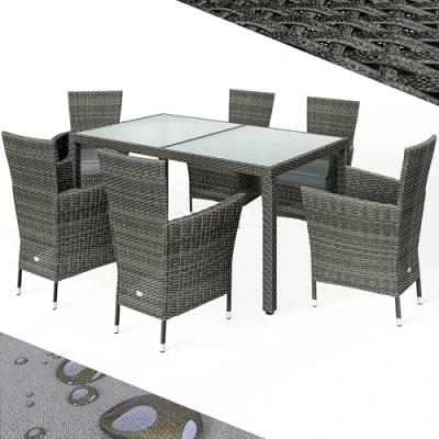 Image of CASARIA® 6+1 Polyrattan Outdoor Dining Furniture Set 150x90cm Glass Top Table 6 Poly Rattan Stackable Armchairs with Anthracite Cushions Garden Patio Balcony Seating Group Grey