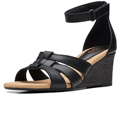 Image of Clarks Women&#039;s Kyarra Joy Wedge Sandal, Black (Black Leather), 6.5 UK