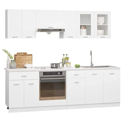 Image of vidaXL 8 Piece White Kitchen Cabinet Set Engineered Wood, Modern Design, Ample Storage, Easy Clean, Diverse Units for Optimized Organization