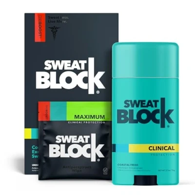 Image of SweatBlock Antiperspirant Deodorant System for Men &amp; Women Prescription Strength Regimen Hyperhidrosis Aid Excessive Sweating Underarm Odor (10 Wipes + 24hr Deo)