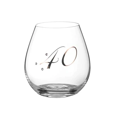 Image of DIAMANTE Swarovski 40th Birthday Stemless Wine Gin Glass Single Crystal with Platinum 40 Embossed and Crystals Gift Boxed