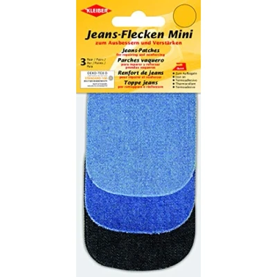 Image of Kleiber Set of Six Mini Iron On Jeans Repair Patches (3 Colours) 9cm x 7cm Light Middle Blue/Black