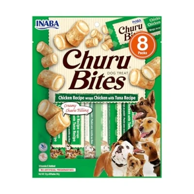 Image of Churu Bites by INABA Dog Treat Chicken &amp; Tuna Flavour (8 x 12g) / Crispy Pouches with Creamy Filling Treat, Delicious Healthy Snack for Dogs, Training Natural, Grain Free