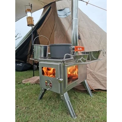 Image of DWD® &quot;Mangrove&quot; Camping Stove Outdoor Portable Wood Log Burner with Flue, Spark Cap, Oven Shelf Large Glass Windows on FireBox Side Racks, Food Grade Stainless Steel 304 Carry Bag, gloves