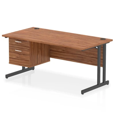 Image of Impulse 1600x800 Desk Walnut/Black Cantilever Leg 1x2 Drawer Fixed Ped