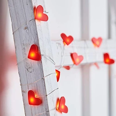 Image of Lights4fun Love Red Heart Battery Operated Fairy String Lights 20 Warm White Micro LEDs Silver Wire with Timer 1.9m