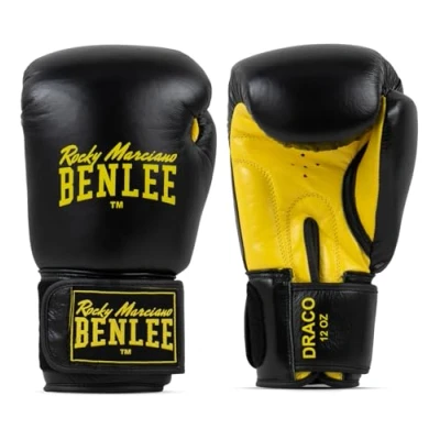 Image of BENLEE Rocky Marciano Unisex Adult DRACO Leather Boxing Glove, Black/Yellow, 16 oz