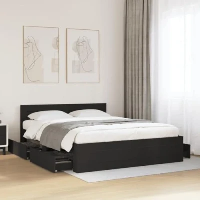 Image of vidaXL Bed Frame with Headboard Modern Black Engineered Wood 160x200 cm Drawers for Storage Plywood Slatted Base Optimal Mattress Support