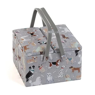Image of Hobby Gift Exclusive Large Twin Lid Sewing Craft Storage Box, Accessories Tray Pin Cushion Pockets PVC Handles, 25 x 17cm, Grey Dogs